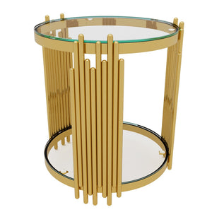 English Elm Modern Round Mirrored Glass End Table with Gold Metal Frame and Lower Display Shelf Transparent N735P380092K