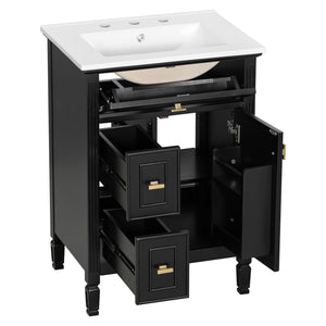 English Elm 24-Inch Bathroom Vanity with Sink, Solid Wood & MDF, Ceramic Top, Gold Handles, Flip Drawer Design Black N725P350824B