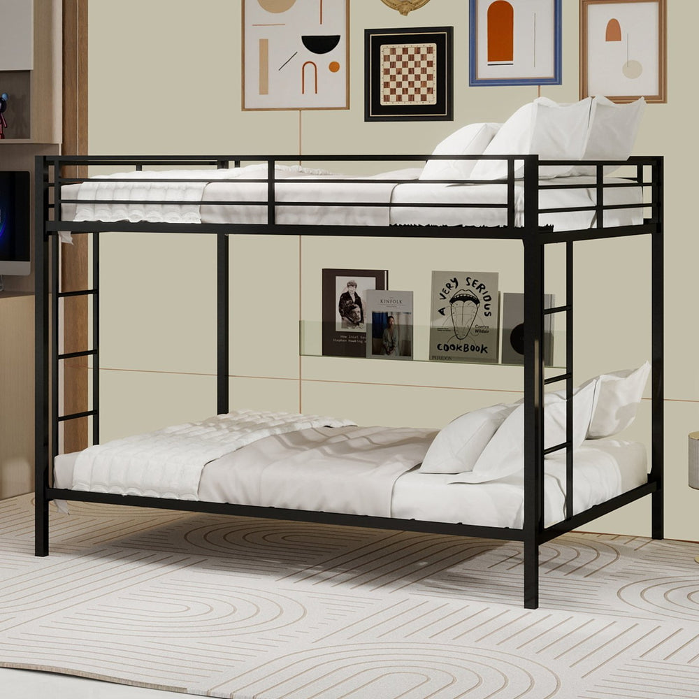 English Elm Multi-Functional Square Tube Iron Bunk Bed with Dual Ladders, Sturdy Space-Saving Frame for Rooms Black W1935P360917