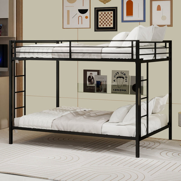 English Elm Multi-Functional Square Tube Iron Bunk Bed with Dual Ladders, Sturdy Space-Saving Frame for Rooms Black W1935P360917