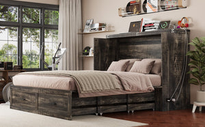 English Elm Queen Murphy Cabinet Bed Rustic Grey Farmhouse Style with Charging Station Storage W5271S00001