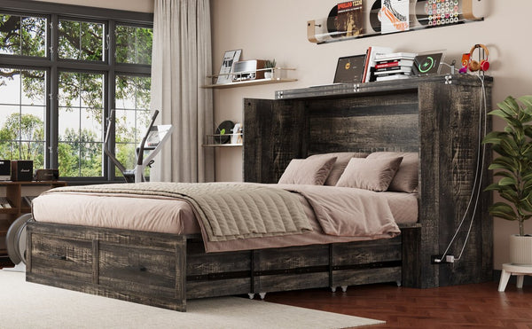 English Elm Queen Murphy Cabinet Bed Rustic Grey Farmhouse Style with Charging Station Storage W5271S00001