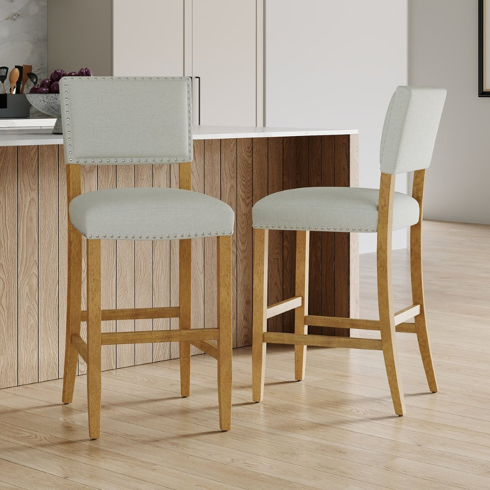 English Elm Barstools Set of 2 Nailhead Trim Beige Fabric Rubberwood Frame for Kitchen Island N780P366607N