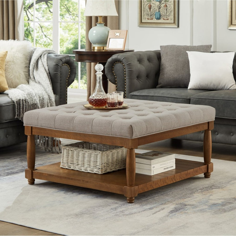 English Elm Large Square Tufted Ottoman with Wood Shelf Upholstered Footrest for Living Room Linen W2186P204184