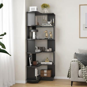 English Elm 5-tier Corner Bookcase L-shaped Freestanding Open Shelf Display for Home Office Black T3623P436781