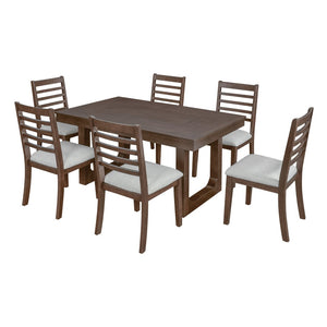 English Elm 7 Piece Farmhouse Dining Set Oak Veneer Extendable Table Six Upholstered Chairs Beige,Walnut N752S000090D-1
