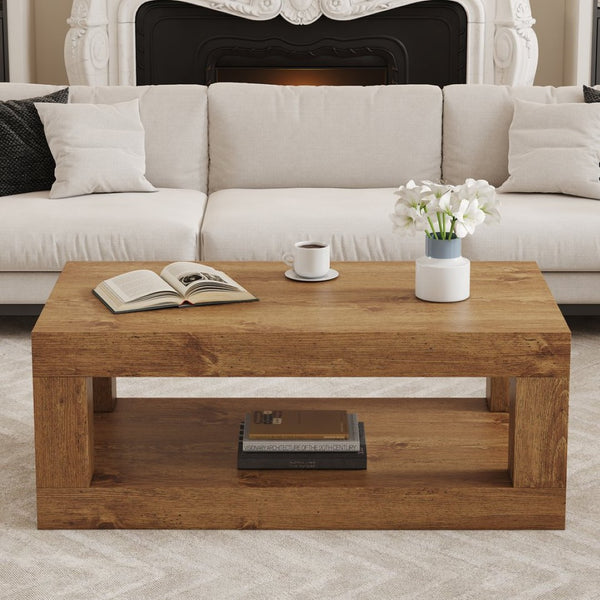 English Elm Modern Two Tier Rectangular Coffee Table with Open Shelf for Living Room Storage W3875P389550