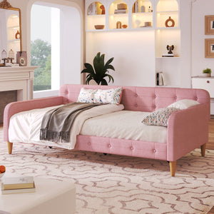 English Elm Twin Upholstered Daybed with Pine Frame and Linen Fabric, Button-Tufted High Sideboard, 79" L Pink N709P266225H