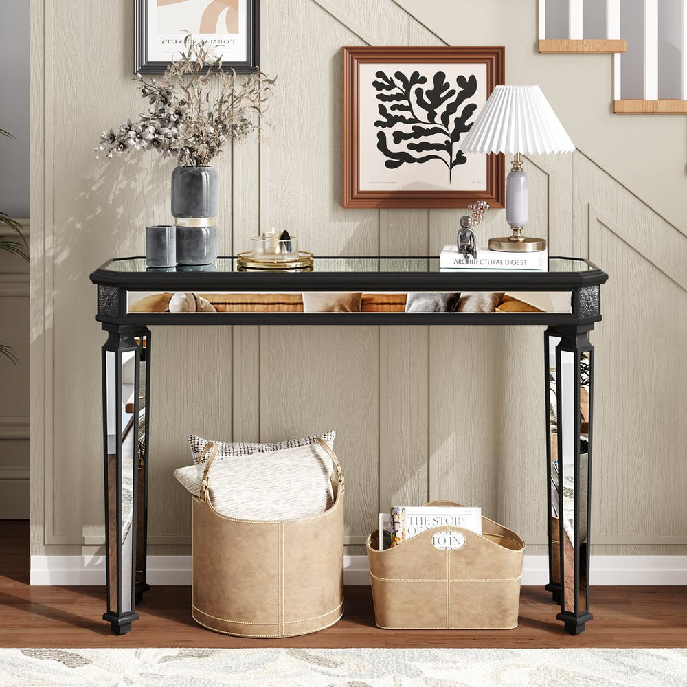 English Elm Black Mirror Console Table with Vintage Wood Carvings, Mirrored Finish, Elegant Entryway Focal Piece W1445P270519