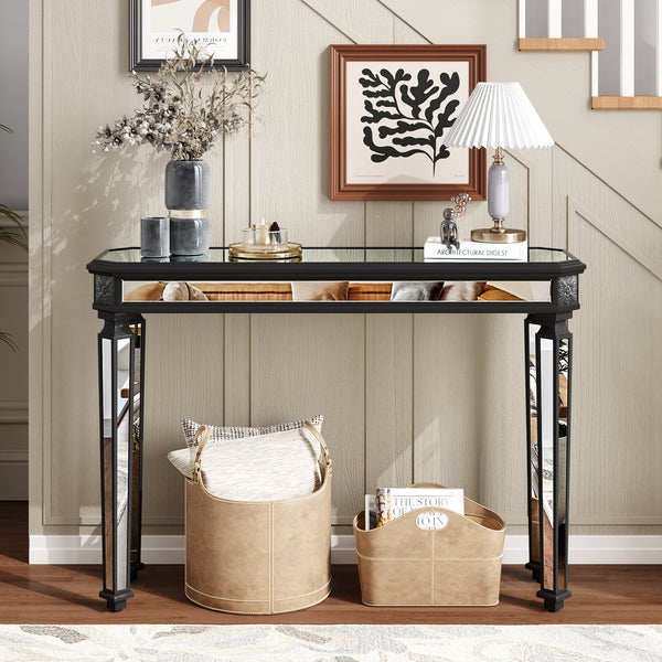 English Elm Black Mirror Console Table with Vintage Wood Carvings, Mirrored Finish, Elegant Entryway Focal Piece W1445P270519