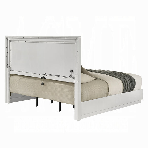 English Elm Ultra Modern white and silver high gloss Queen Bed with LED Headboard and Embossed Line Design Glossy White 68 L x 34 W x 7 H B2741S00746