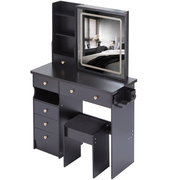 English Elm 37" Vanity Table Set with Led Mirror Stool Built-in Outlets and Hair Dryer Storage Black W3258P448840