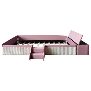 English Elm Twin Velvet Kids Daybed with Built-in Stairs Padded Guardrails and Gas Lift Storage Pink+White SF000201AAH