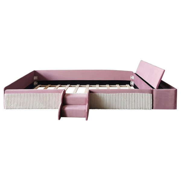 English Elm Twin Velvet Kids Daybed with Built-in Stairs Padded Guardrails and Gas Lift Storage Pink+White SF000201AAH