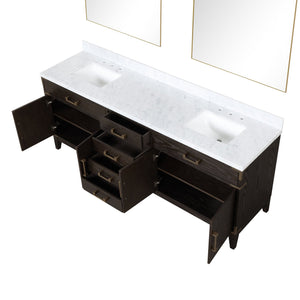 English Elm Brown Oak Double Bath Vanity With Carrara Marble Top, Generous Storage & Elegant 36" Mirrors B2731S01622