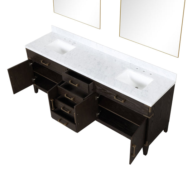 English Elm Brown Oak Double Bath Vanity With Carrara Marble Top, Generous Storage & Elegant 36" Mirrors B2731S01622