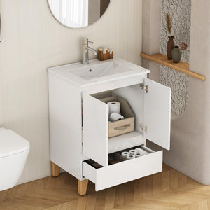 English Elm 24-inch Glossy White Bathroom Vanity Combo with Ceramic Sink and Solid Wood Feet W3151S00066