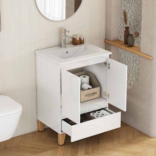 English Elm 24-inch Glossy White Bathroom Vanity Combo with Ceramic Sink and Solid Wood Feet W3151S00066