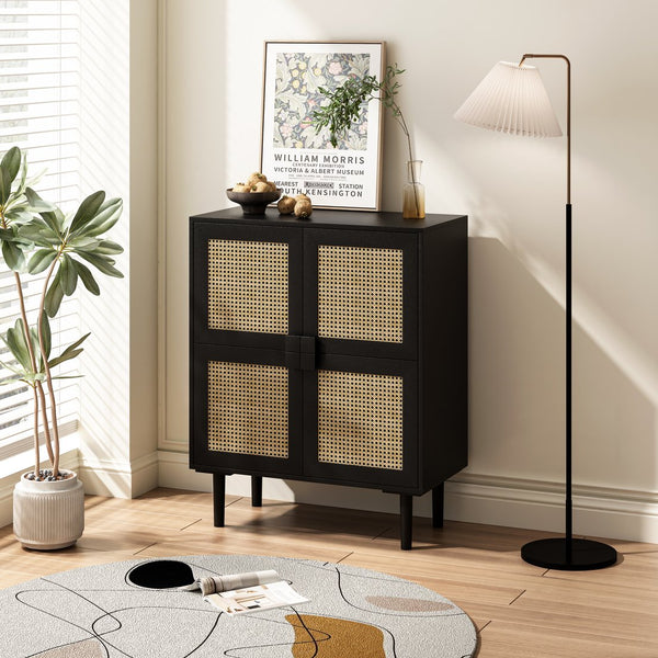 English Elm 4-Doors Rattan Mesh Storage Cabinet with Solid Wood Legs and Adjustable Shelves for Stylish Organization Black W757P198555