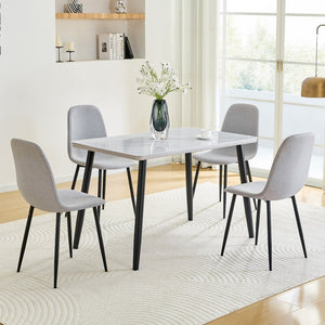 English Elm Table and Chair Set Modern Marble Glass Top Dining for Four with Linen Upholstered Seats W1151S04626