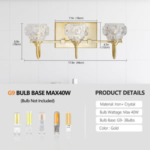 English Elm 17" Modern Crystal Bathroom Vanity Light - 3-Light Gold Wall Sconce with Clear Glass Shades, Elegant Hard-Wired Fixture W2312P374823