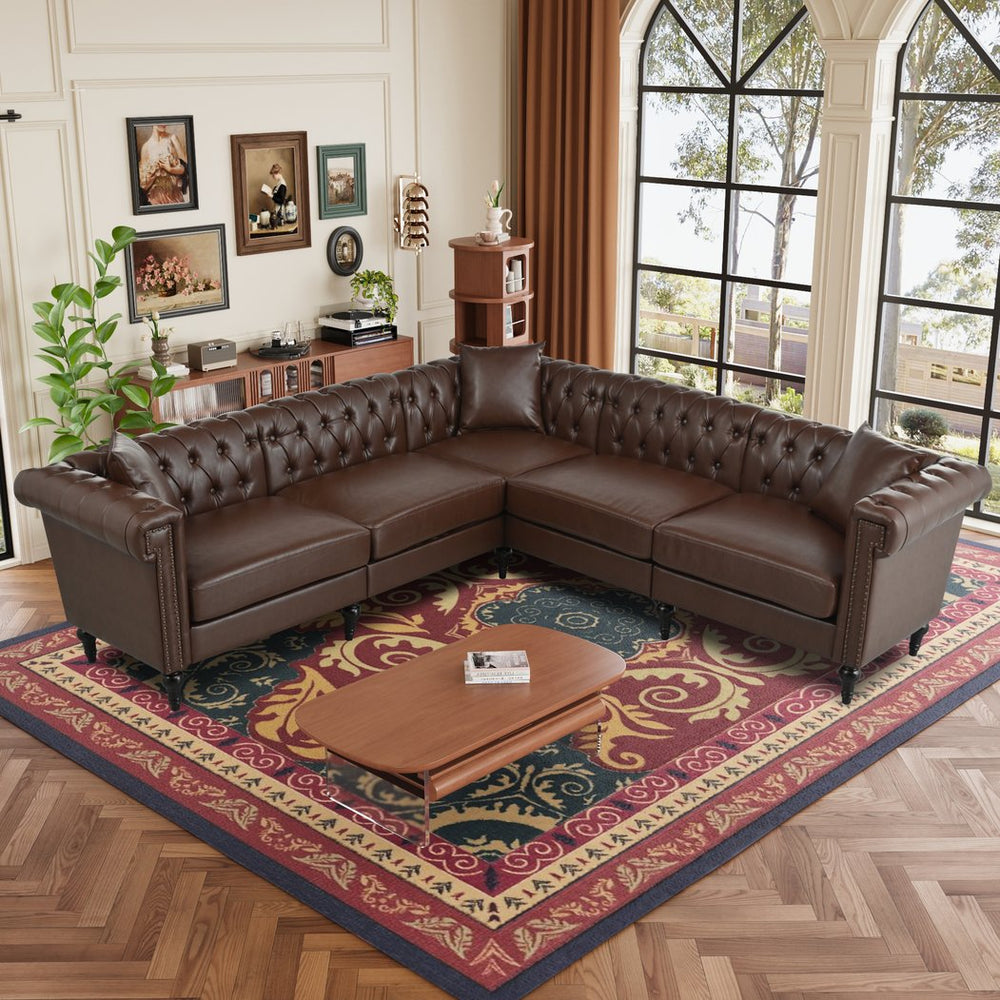 English Elm Sectional tufted Chesterfield sofa with rolled arms and nailhead trim, 5-seat reversible L-shape luxury seating for modern living spaces, durable PU leather upholstery and birch legs Dark Brown W680S00082
