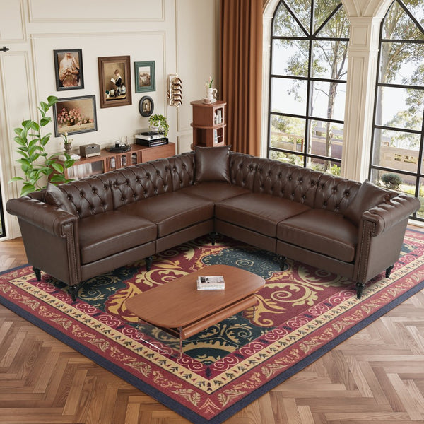 English Elm Sectional tufted Chesterfield sofa with rolled arms and nailhead trim, 5-seat reversible L-shape luxury seating for modern living spaces, durable PU leather upholstery and birch legs Dark Brown W680S00082