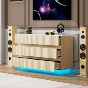 English Elm Fluted 6 Drawers Dresser with LED Lighting, Anti-Tip Safety, Smooth Slides & USB-Controlled Glow W688P194155