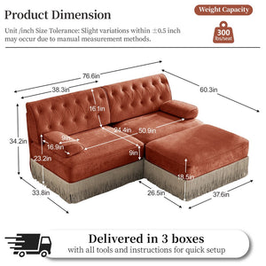 English Elm L-shaped Velvet Sectional Sofa Tufted Chesterfield Style with Tassel Skirt for Living Room Red+Brown W714S01720