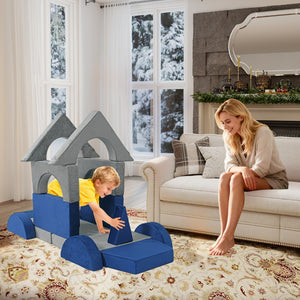 English Elm 15pcs Modular Toddler Play Couch Set Velvet Foam Fort Building Playroom Seating Blue+Grey T5880P493418