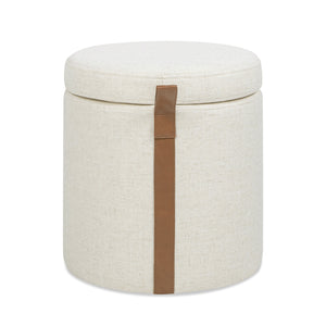 English Elm Jennifer Taylor Home - Brandy Compact 14" Round Upholstered Storage Ottoman with Leather Accent Tab, Linen Neutral Chic White B2719P269255