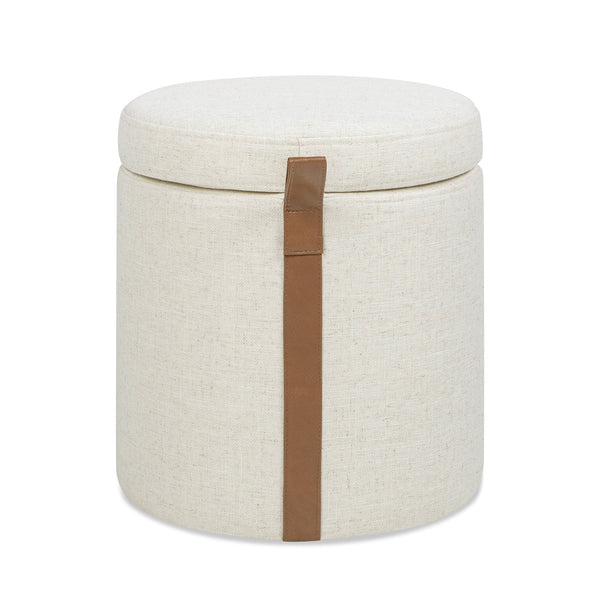 English Elm Jennifer Taylor Home - Brandy Compact 14" Round Upholstered Storage Ottoman with Leather Accent Tab, Linen Neutral Chic White B2719P269255