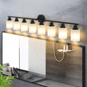 English Elm 52" Modern 8-Light Vanity Bathroom Wall Sconce - Frosted Glass & Black Iron Design For Stylish Illumination W2312P374808