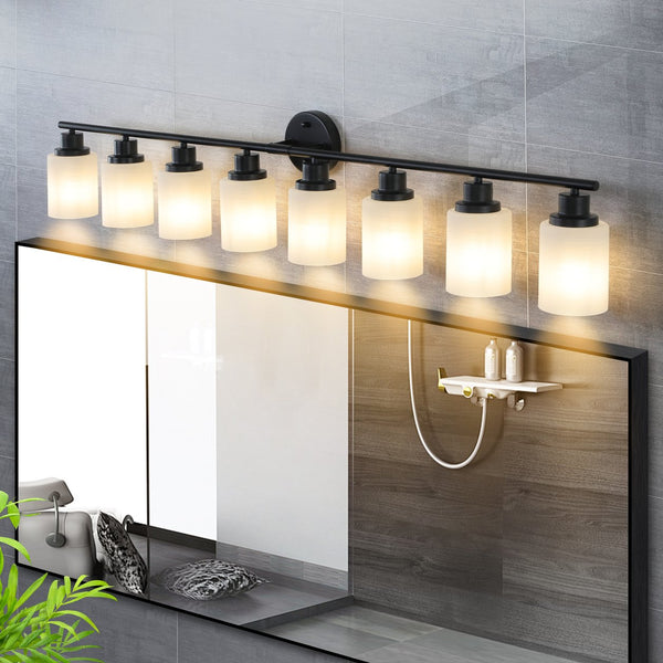 English Elm 52" Modern 8-Light Vanity Bathroom Wall Sconce - Frosted Glass & Black Iron Design For Stylish Illumination W2312P374808