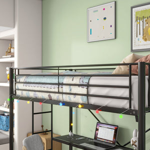 English Elm Twin Metal Loft Bed with Desk, LED Mood Lights, Full Safety Guardrails, Built-in Power Outlet & USB W840P192240