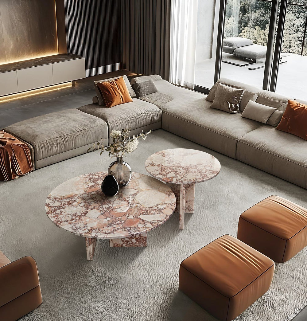 English Elm Pink Marble Nesting Coffee Tables Set — 45cm & 70cm Natural Stone Round Tables for Layered Living Rooms (39x36.6x14) W1696S00004