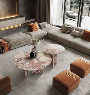 English Elm Pink Marble Nesting Coffee Tables Set — 45cm & 70cm Natural Stone Round Tables for Layered Living Rooms (39x36.6x14) W1696S00004