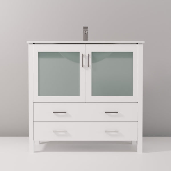 English Elm White 36 in. Bath Vanity with White Ceramic Top, Soft-Close Drawers, Cabinet Storage & Chrome Faucet B2731P260515
