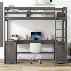 English Elm Twin Loft Bed with U-Shaped Desk, Drawers & Shelves — Antique Brown Twin Work-Study Space, 350lb Capacity GX001038AAD