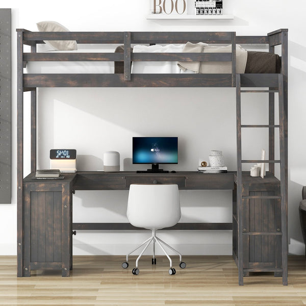 English Elm Twin Loft Bed with U-Shaped Desk, Drawers & Shelves — Antique Brown Twin Work-Study Space, 350lb Capacity GX001038AAD