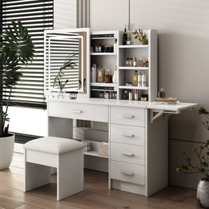 English Elm Fashion Vanity Desk With Adjustable Led Lighting, 5 Drawers, Elegant Mirror & Chair Set For Makeup W509P173272