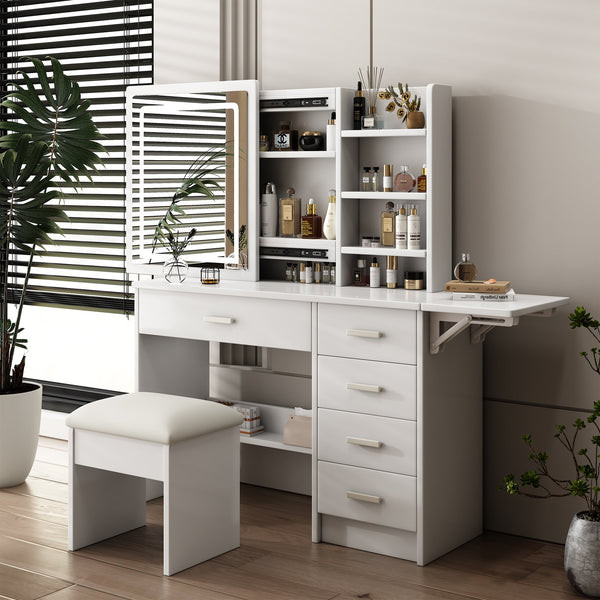 English Elm Fashion Vanity Desk With Adjustable Led Lighting, 5 Drawers, Elegant Mirror & Chair Set For Makeup W509P173272