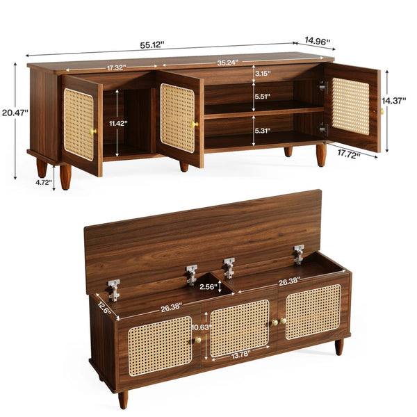 English Elm 2-tier Rattan Front Shoe Bench with Hidden Tray Farmhouse Entryway Storage T3971P463104