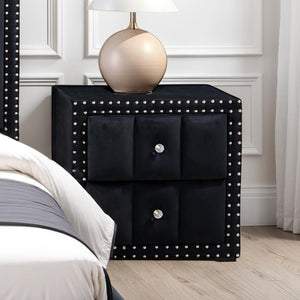 English Elm Beige Fabric Upholstered Nightstand with Channel Tufting Nailhead Trim and Crystal Knobs Black B2741P421103