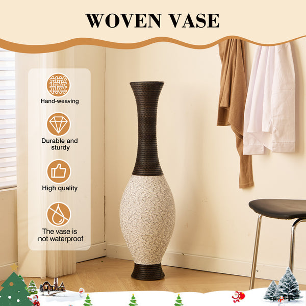 English Elm 39-Inch Tall Standing Designer Floor Vase with Brushed Gold Accents, Durable PVC Rattan Texture, Elegant Home Accent White+Black W2796P193946