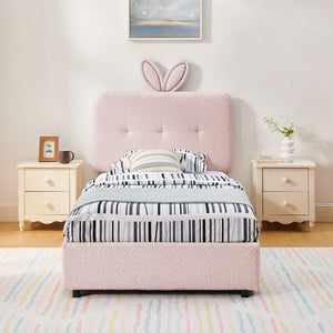 English Elm Twin Kids Boucle Upholstered Bed Rabbit Ear Headboard Led Lighting Four Storage Drawers Pink W1413P384920