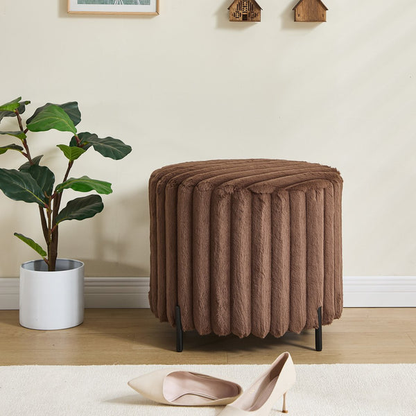English Elm 22.05"Wide Faux Fur Round Pouf Ottoman with Black Metal Legs — Cozy Foam Seat for Living Room Entryway Brown W3098P272527