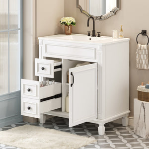 English Elm 30" French-Inspired Bathroom Vanity With Ceramic Sink & Dual Drawers - Elegant Storage Solution! N710P323328K
