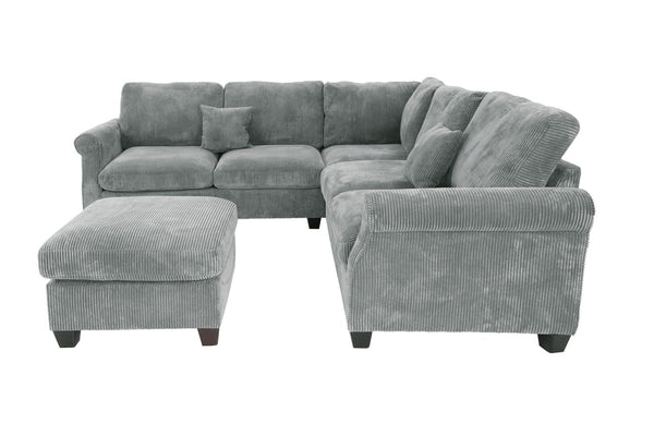 English Elm 4pc Corduroy Sectional Sofa Set with Ottoman Corner Wedge and Low-profile Modern Legs Fog B011S02224