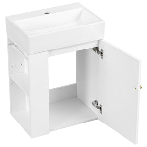 English Elm 20 Modern Wall-Mounted Bathroom Vanity with Ceramic Sink, Diamond Door, Gold Handles & Shelves — Compact White N725P314033K